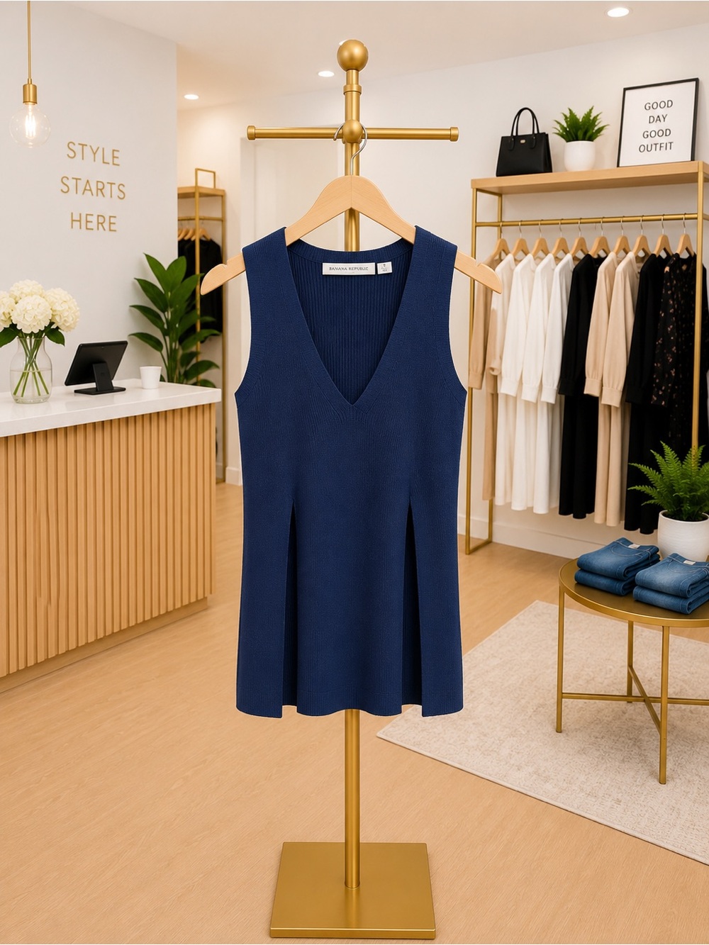NWOT Finders Keepers Navy Sleeveless V‑Neck Knit Tunic With Slits